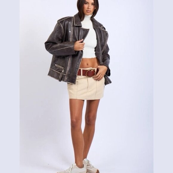 OVERSIZED Vintage Biker Style Vegan Leather Jacket Washed Size S M L Dark Brown - Picture 5 of 10